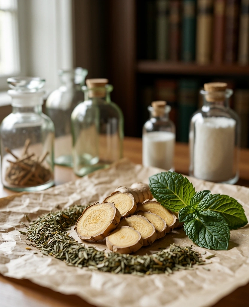 Gros plan botanique de menthe et gingembre séchés