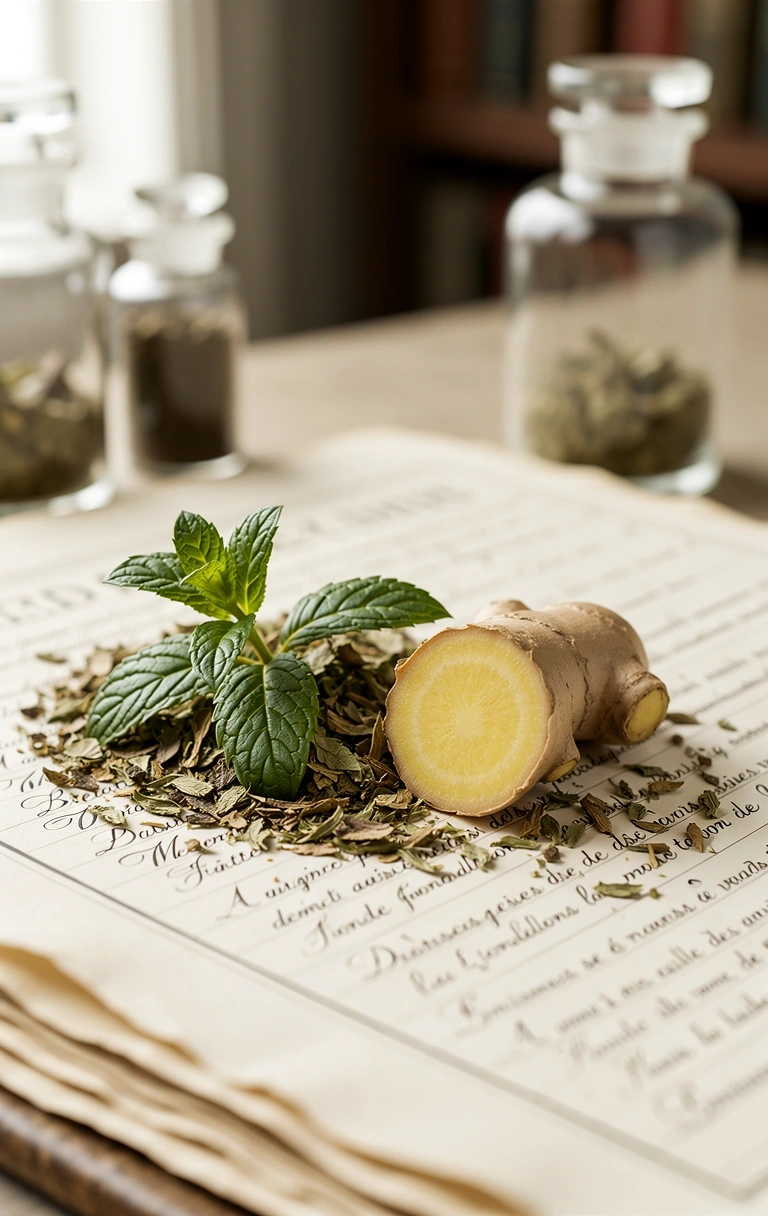 Détails botaniques de menthe et de gingembre